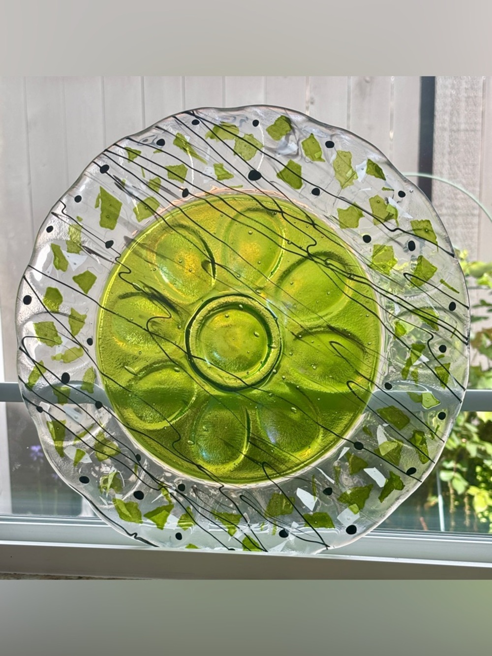 Stunning Green Fused Glass Egg Tray with Black, Green & White Confetti in Edging